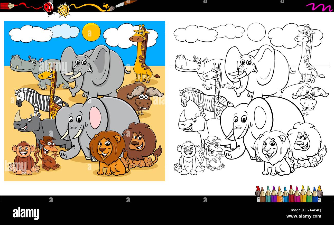 Cartoon Illustration von Glücklich Safari Tier Zeichen Gruppe Malbuch Arbeitsblatt Stock Vektor