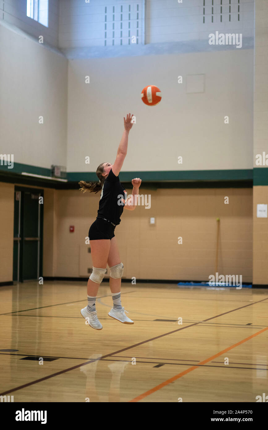 Mädchen Volleyball Spiel bei Savannah Eichen der mittleren Schule, Verona Area School District, Fitchburg, Wisconsin gegen McFarland. Stockfoto