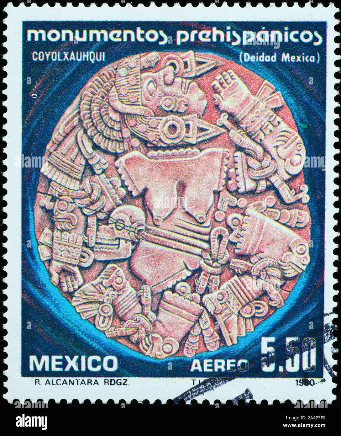 Prehispanic Flachrelief auf mexikanische Briefmarke Stockfoto