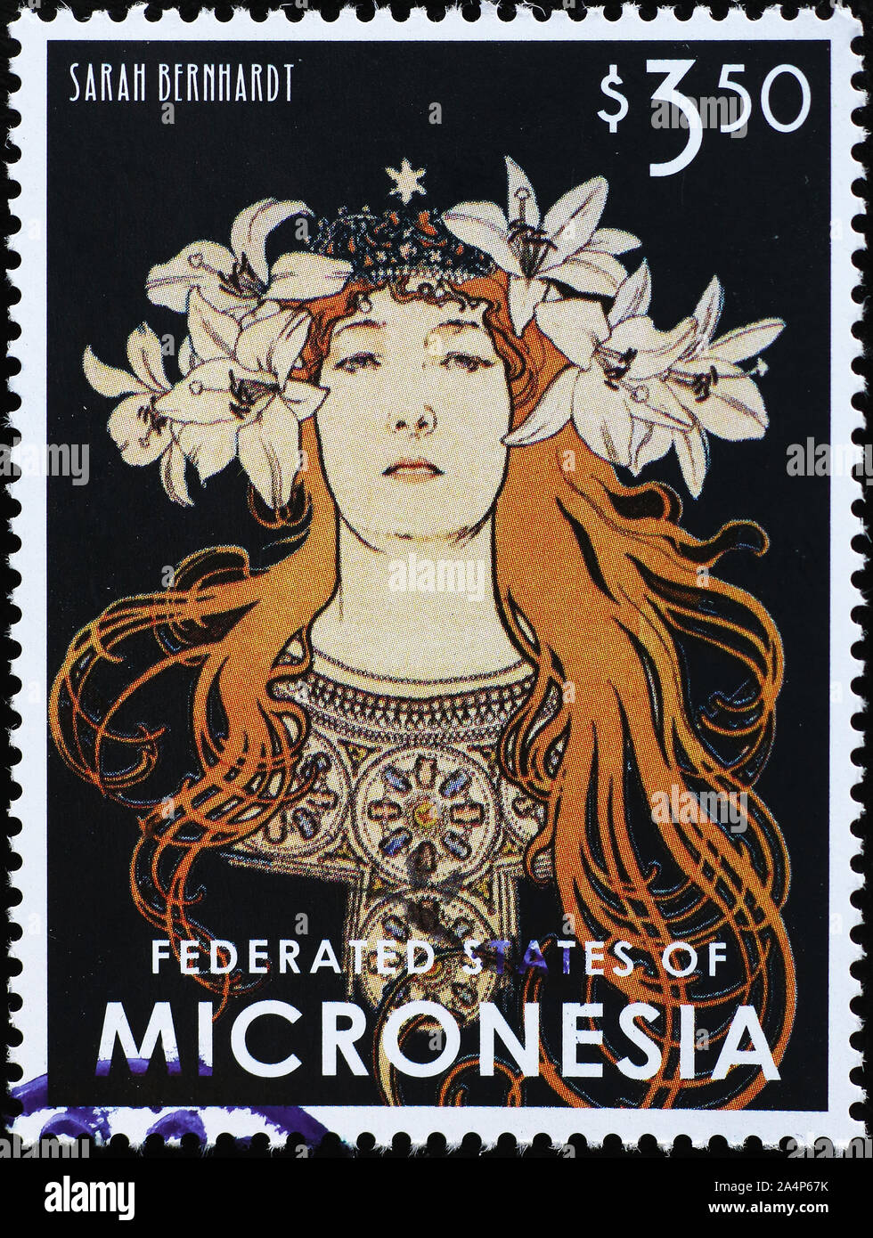 Sarah Benhardt von Alphonse Mucha auf Briefmarke von Mikronesien Stockfoto