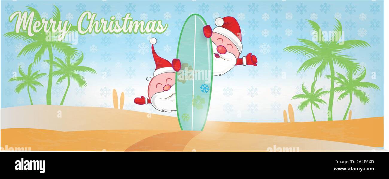 Spaß Weihnachtsmann cartoon am Strand mit Surf Stock Vektor