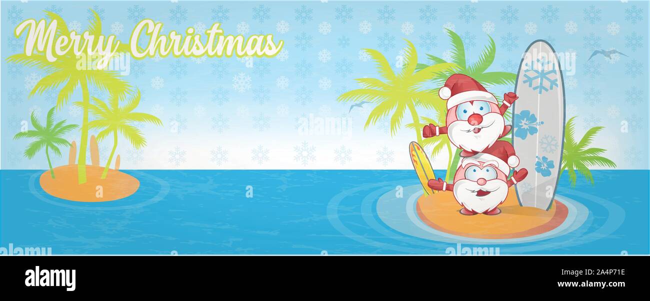 Spaß Weihnachtsmann Cartoon auf Insel mit Surfen. banner Stock Vektor