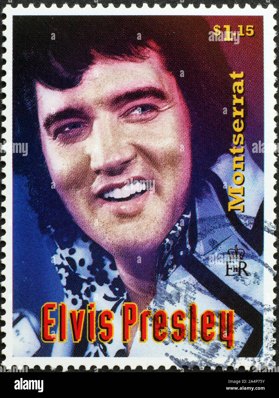 Elvis Presley auf Briefmarke von Montserrat Stockfoto