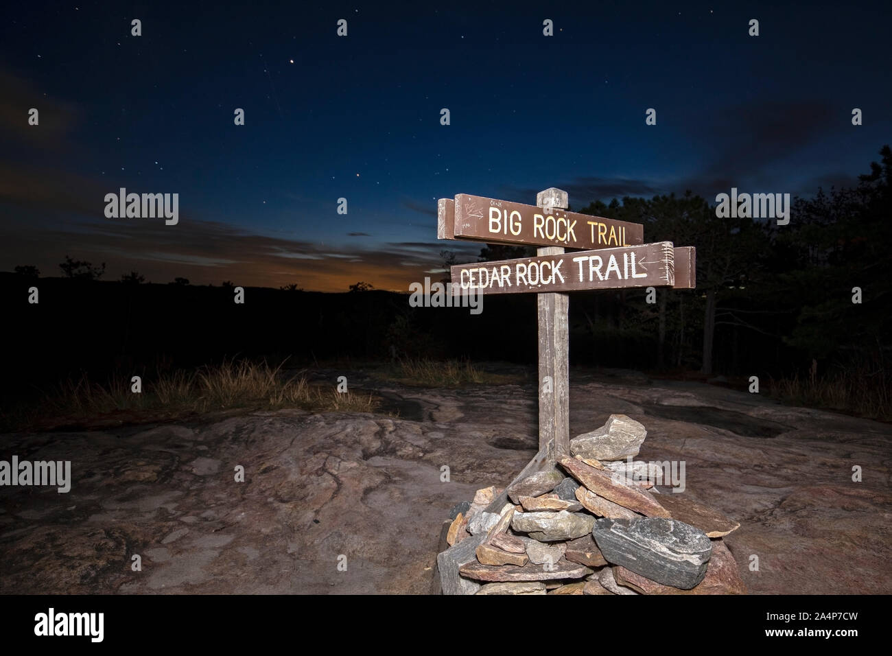 Schnittpunkt von Big Rock Trail und Zeder Rock Trail in der Nacht in DuPont Zustand Freizeit Wald, Cedar Mountain, North Carolina, USA Stockfoto