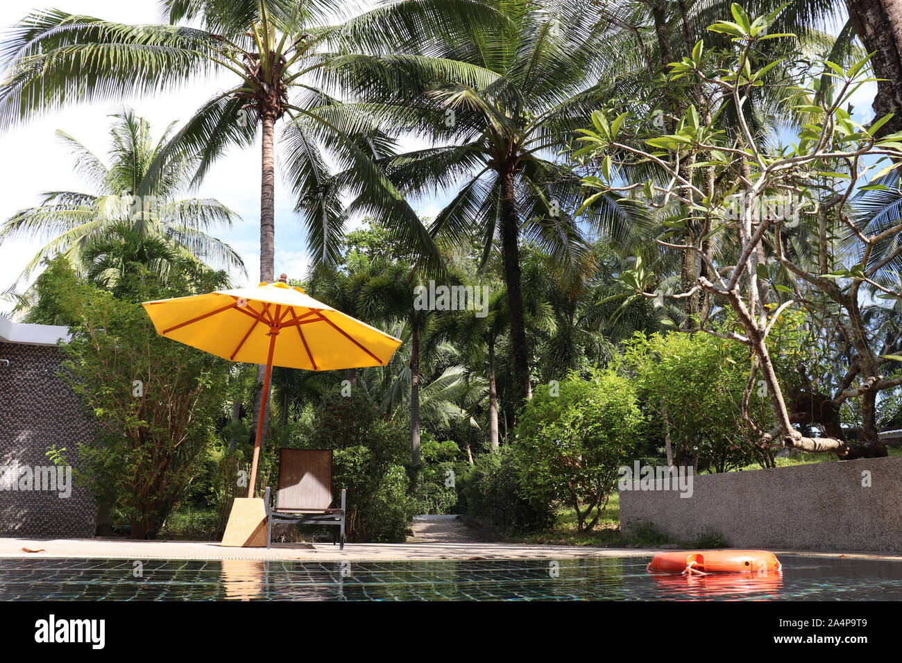 Swimmingpool und Sonnenliegen mit Sonnenschirm unter Kokospalmen. Tropical Resort, Konzept der Entspannung und Urlaub Stockfoto