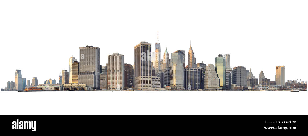 Blick auf Lower Manhattan von Brooklyn Heights - auf weißen isoliert. Beschneidungspfad enthalten. Stockfoto