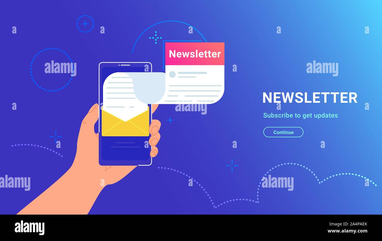 Newsletter Abo. online in mobile App. Vektor Farbverlauf Abbildung der menschlichen Hand Smartphone mit neuen monatlichen Brief fliegen aus Geröll Stock Vektor