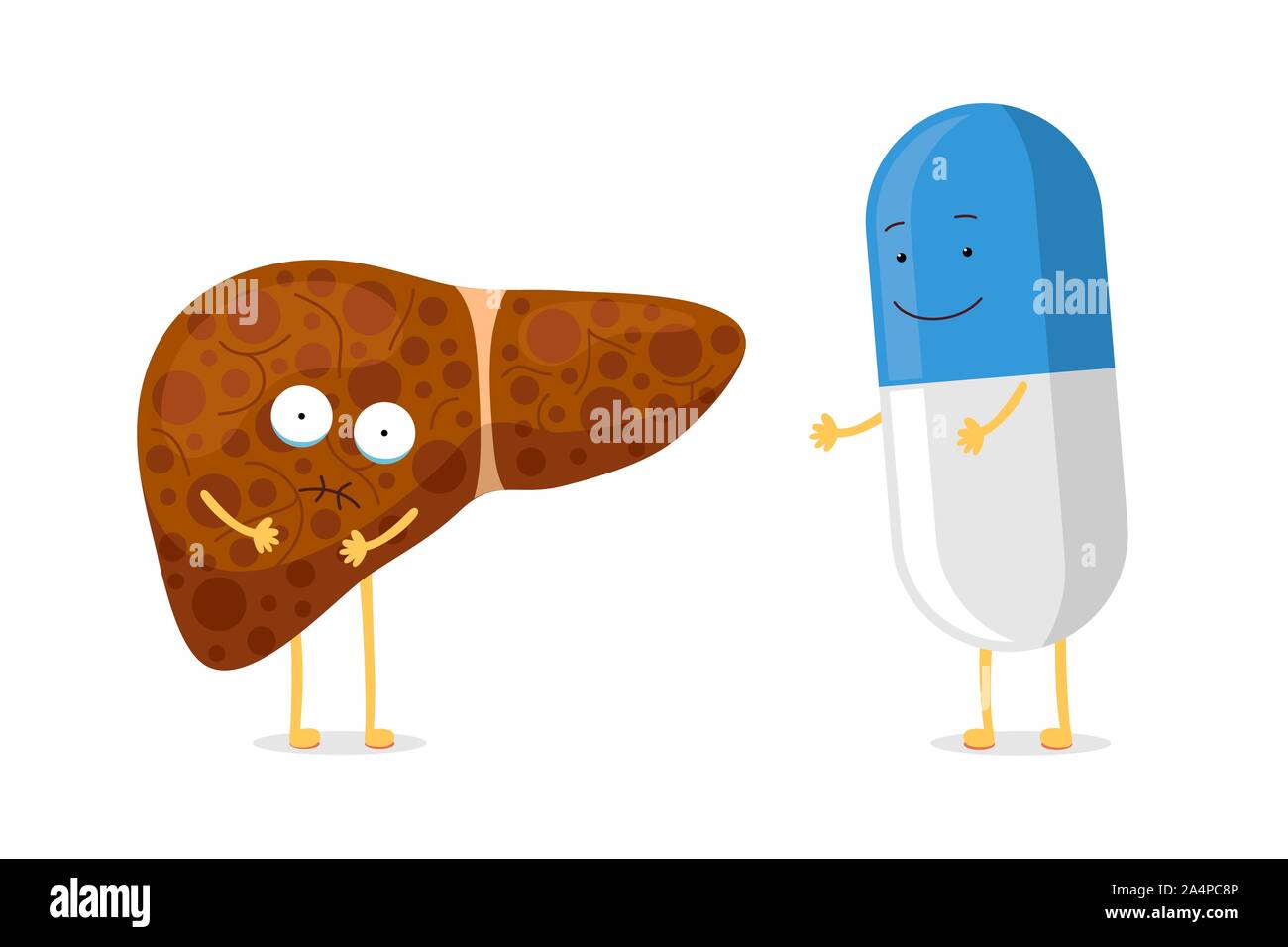Cute Cartoon ungesunde menschliche Lebererkrankung Schmerz Emotion Charakter mit lächelnd Medizin Medikament Tablette Pille. Medizinische Freunde im Gesundheitswesen. Vektor Krankheit krank reversible exokrine Drüse Organ Illustration Stock Vektor