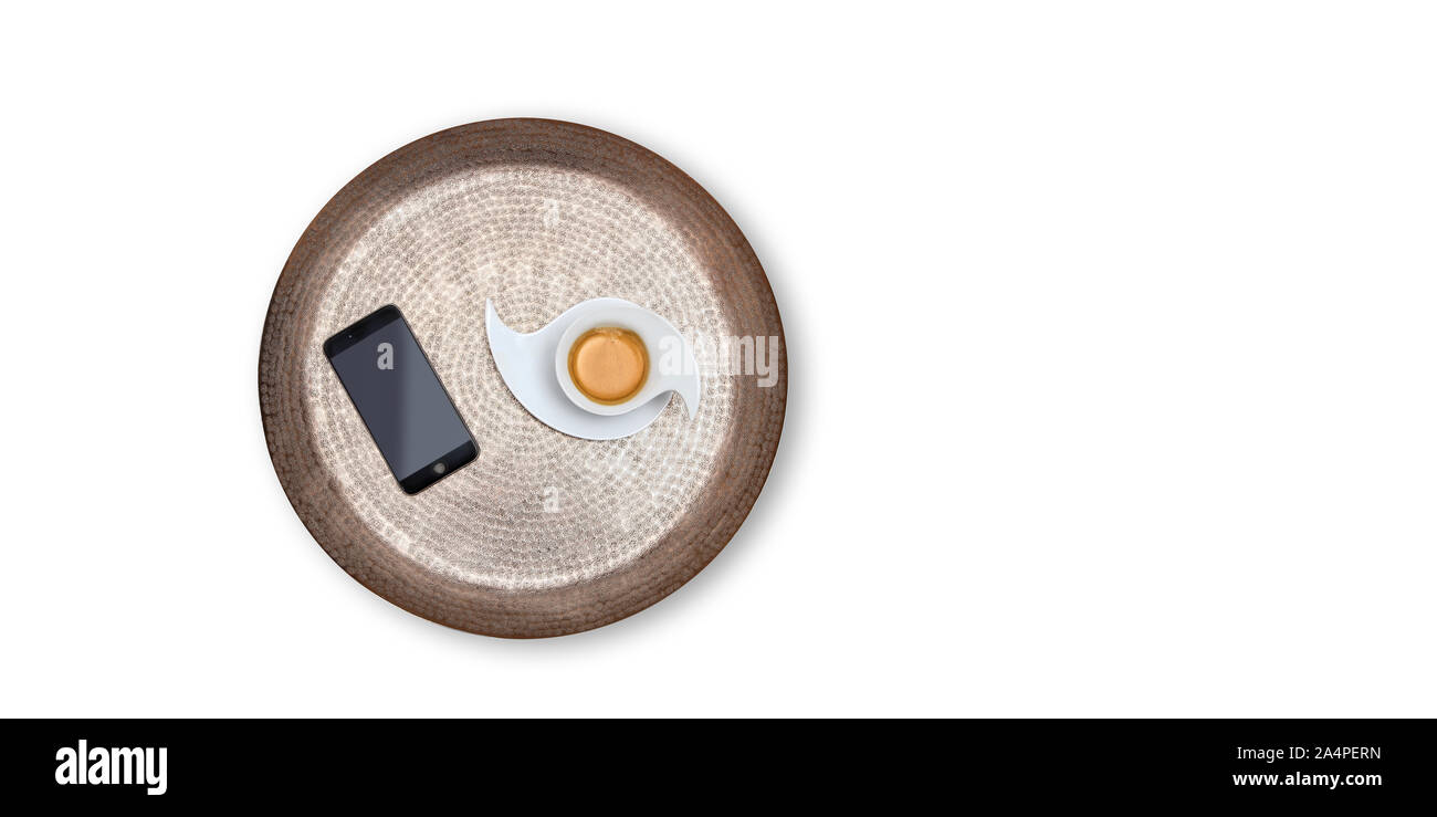 Flaches Design Kaffee für mit Wasser und Smatphone Stockfoto