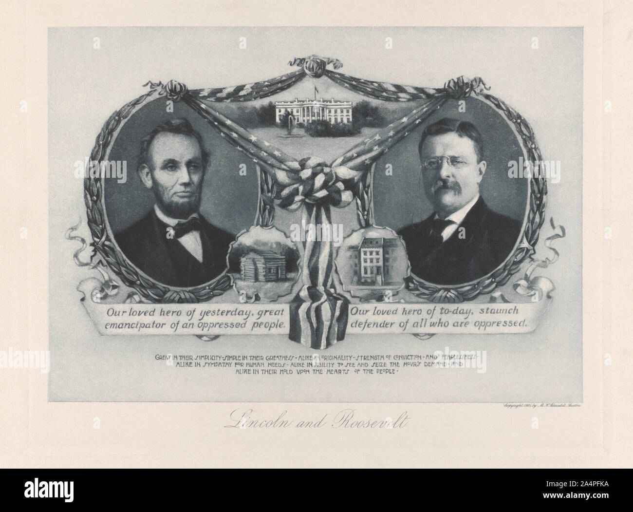 Abraham Lincoln und Theodore Roosevelt Memorial Porträts, Illustration von M.H. Blaisdell, 1905 veröffentlicht. Stockfoto