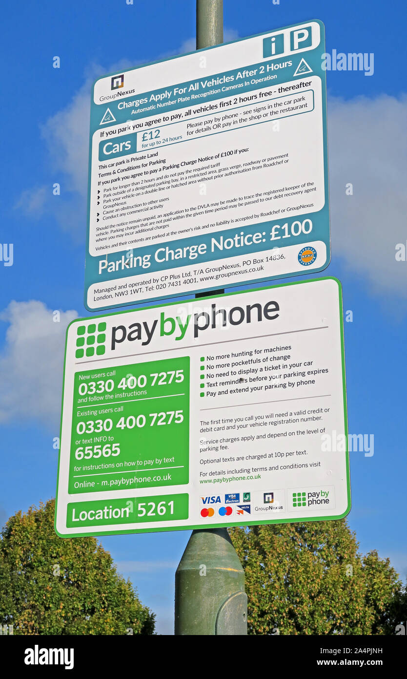 Paybysms-UK Parkplatz Schilder GroupNexus auf Autobahn M5 Services, ANPR, Worcestershire, England, Großbritannien betrieben Stockfoto