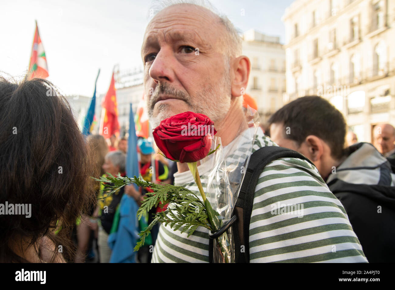 Der Kampf der Rentner hat in Madrid nach Reisen Hunderte von Kilometern zu Fuß aus dem Norden und Süden des Landes angekommen. Die demonstr Stockfoto