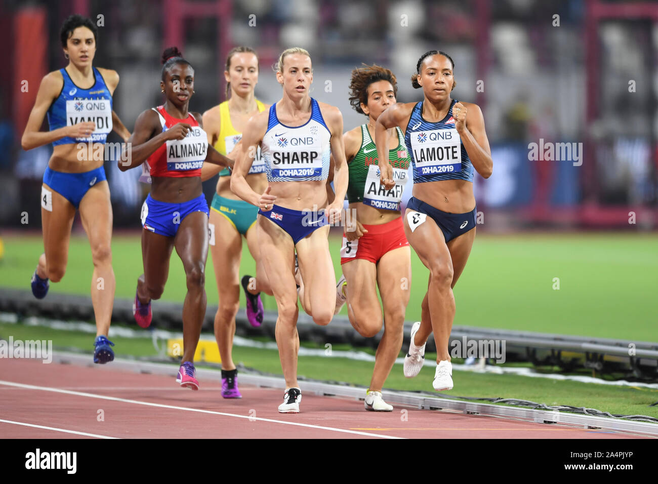 Renelle Lamothe (Frankreich), Lynsey Scharfe (Großbritannien), Rose Mary Almanza (Kuba). 800 m Frauen, heizt. IAAF Leichtathletik WM, Doha 2019 Stockfoto