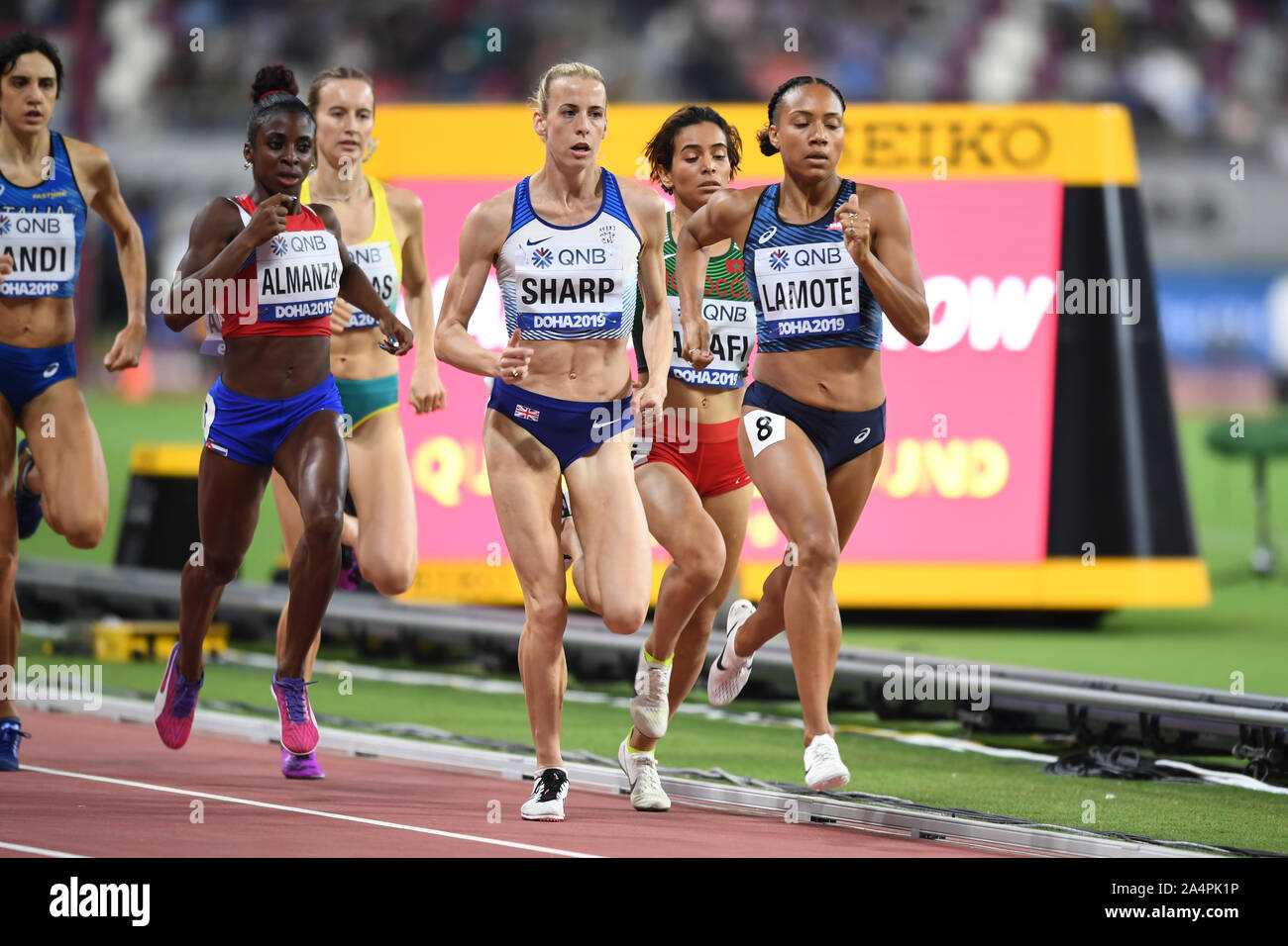 Renelle Lamothe (Frankreich), Lynsey Scharfe (Großbritannien), Rose Mary Almanza (Kuba). 800 m Frauen, heizt. IAAF Leichtathletik WM, Doha 2019 Stockfoto