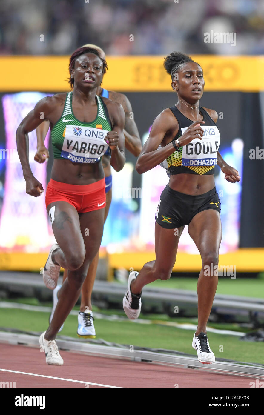 Natoya Goule (Jamaika), Noélie Yarigo (Benin). 800 m Frauen, heizt. IAAF Leichtathletik WM, Doha 2019 Stockfoto
