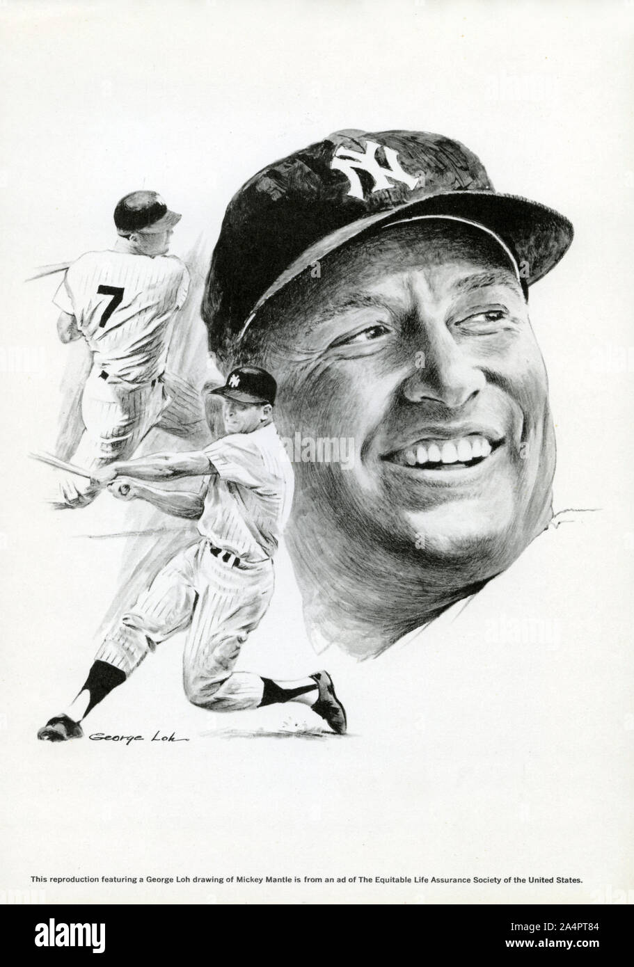 Tinte Zeichnung der Hall of Fame Spieler und New York Yankee Legende Mickey Mantle von Künstler George Loh. Stockfoto