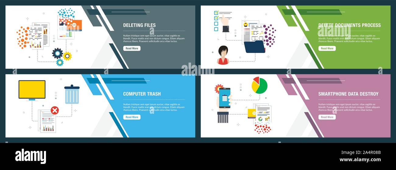 Vektor einrichten der vertikalen Web Banner mit dem Löschen von Dateien, Dokumente löschen, Papierkorb und Smartphone Daten zerstören. Vektor banner Vorlage für websi Stock Vektor