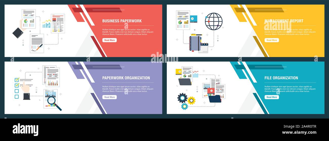 Der Vektor der vertikalen Web Banner mit Business Schreibarbeit, Lagebericht, Schreibarbeit Organisation, Datei Organisation. Vektor banner Vorlage für w Stock Vektor