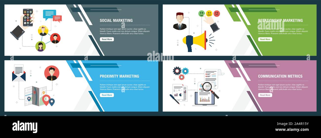 Web Banner Konzept in Vektor mit Social Marketing, Relationship Marketing, Proximity Marketing und Kommunikation Metriken. Internet Website Banner co Stock Vektor