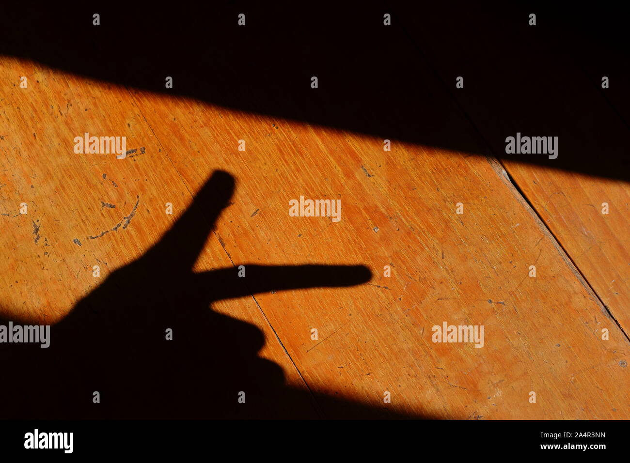 Closeup Schatten der linken Hand mit Zeigefinger und Mittelfinger, v Sign, Frieden Konzept Stockfoto