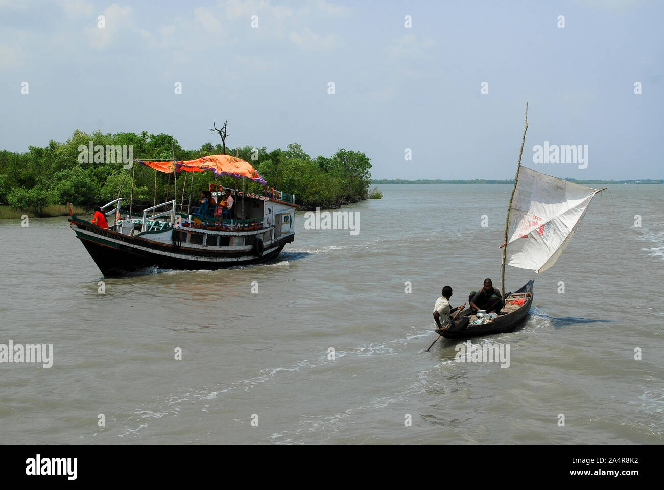 Boote sind die obersten Verkehrsmittel in und um die Sundarbans, in Khulna, Bangladesh. April 1, 2011. Ein UNESCO-Weltkulturerbe, es ist der größte Mangrovenwald der Welt mit einer Fläche von etwa 10.000 Quadratkilometern, von denen 60 % in Bangladesch liegt und der Rest in West Bengal, Indien. Die Sundarbans ist die Heimat der Royal Bengal Tiger und bietet ein einzigartiges Ökosystem und die Reihe der Lebensräume für eine Vielzahl von Wildtieren. Neben der Tiger, es gibt 42 Arten von Säugetieren, 35 Reptilien und Amphibien, 270 Vogelarten und über 120 Arten von Fischen. Viele von diesen sind Ende Stockfoto