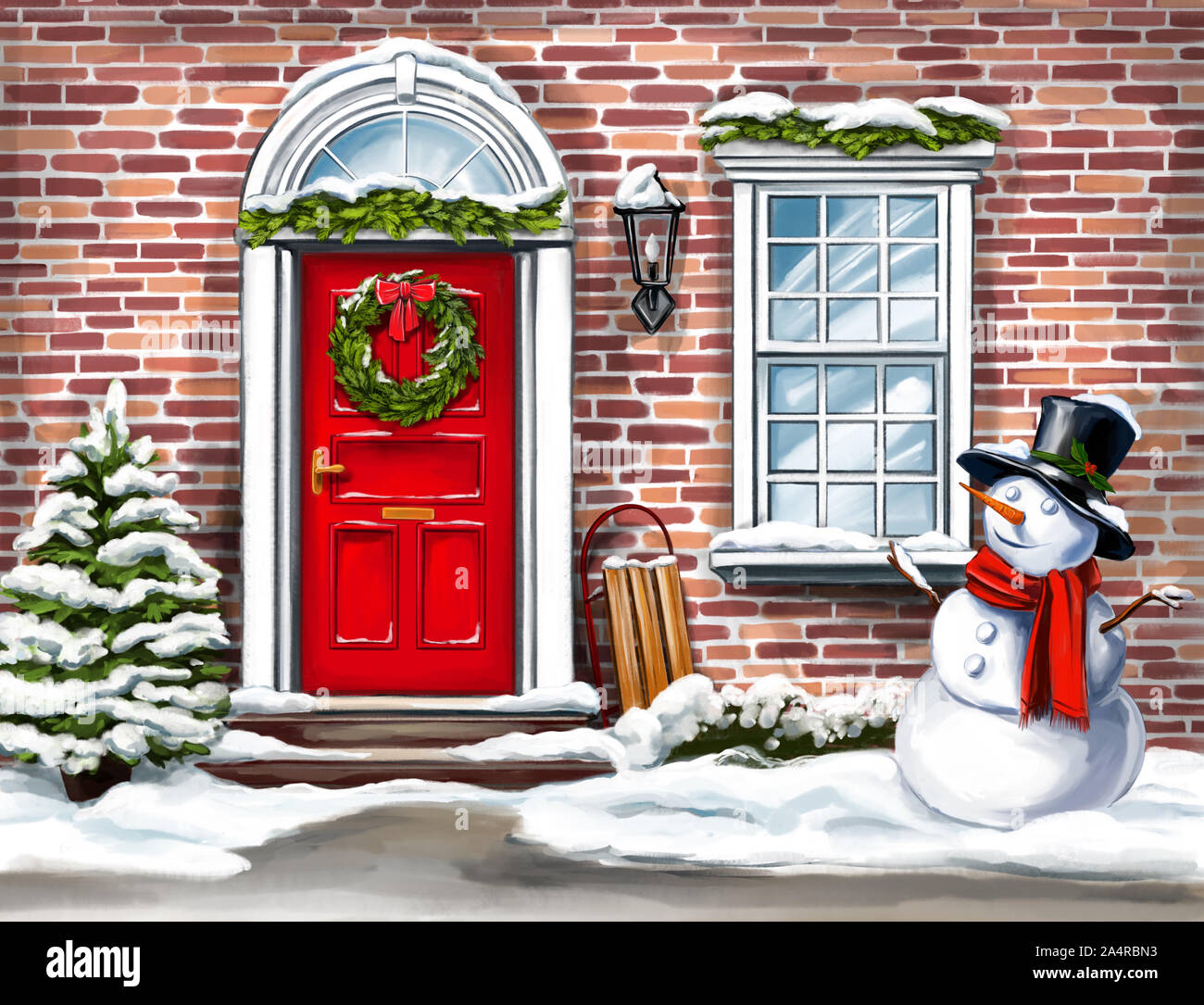 Weihnachten Home Dekoration, Weihnachten Kranz an der Tür im Winter und  Schneemann, Weihnachten Grußkarte, Art Illustration mit Aquarellfarben  gemalt Stockfotografie - Alamy