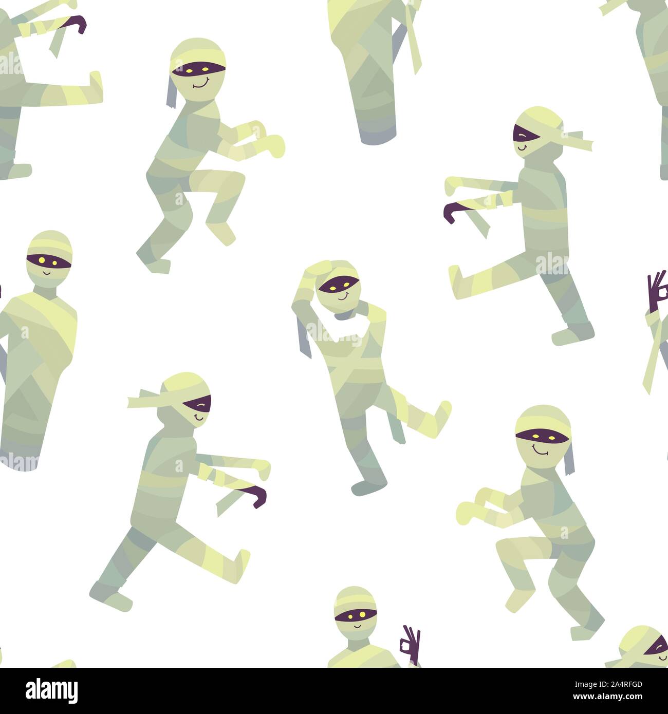 Vektor nahtlose Muster mit lächelnden Mumien auf einem weißen Hintergrund. Zombie mit lila Haut und gelb leuchtenden Augen. Happy Halloween. Endlose Stock Vektor