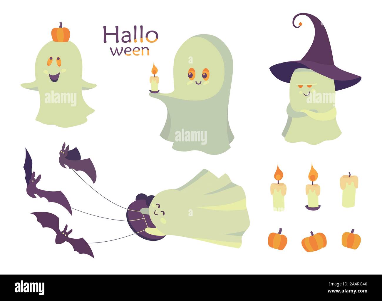 Cute Vector Illustration. Eingestellt von lächelnden Geister, orange Kürbisse, Kerzen und lila Fledermäuse auf einem weißen Hintergrund. Clip Art für Halloween Desig Stock Vektor