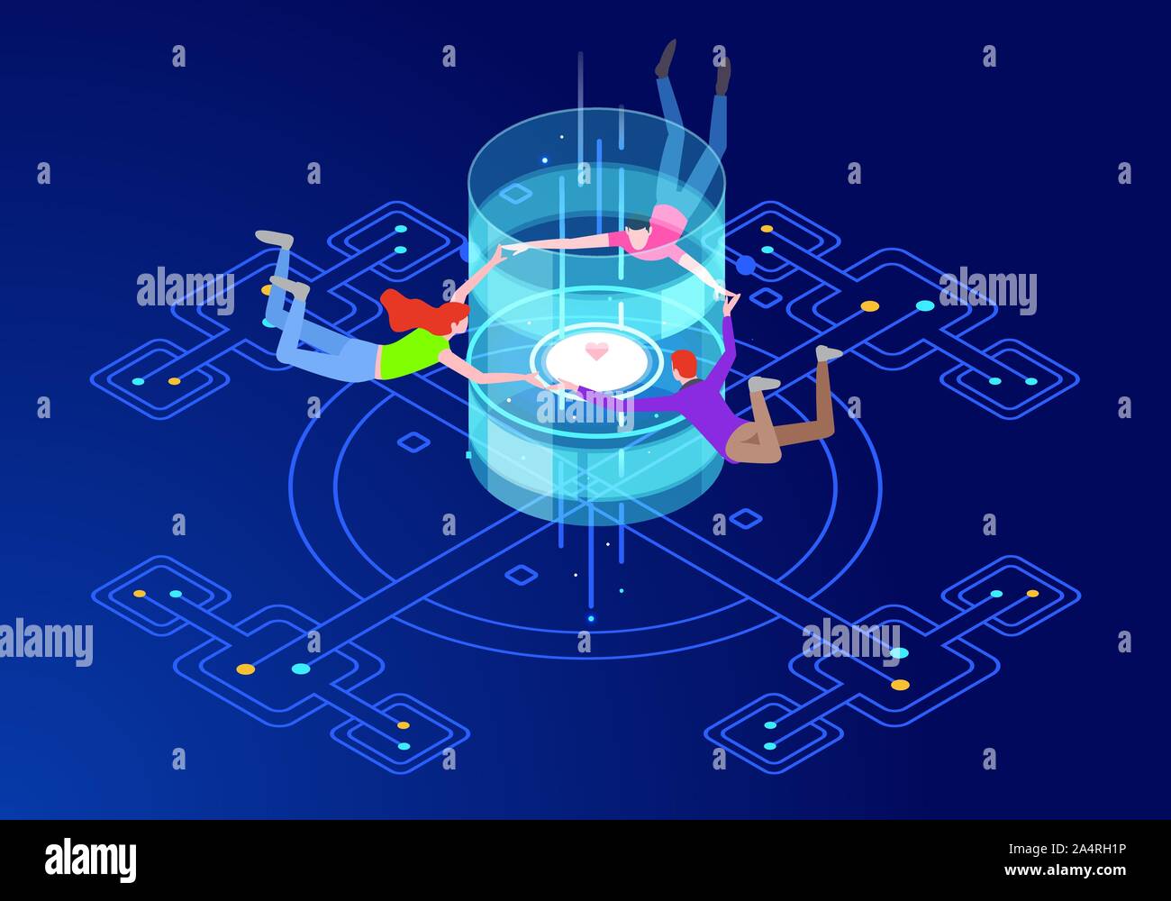 Teamarbeit. Virtuelle Realität Kommunikationskonzept mit Zeichen. Kann für Webbanner, Infografiken, Hero Bilder verwenden. Flache isometrische Vector Illustration Stock Vektor