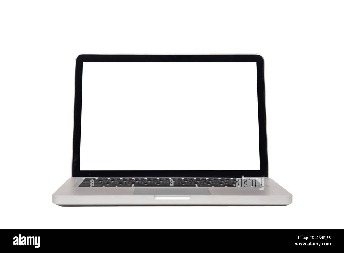 Laptop mock up mit Leeren leeren weißen Bildschirm auf weißem Hintergrund mit Freistellungspfad isoliert, Vorderansicht. moderne Computertechnologie Konzept Stockfoto