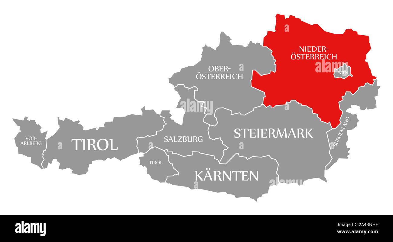 Niederösterreich in Rot hervorgehoben Karte von Österreich Stockfoto