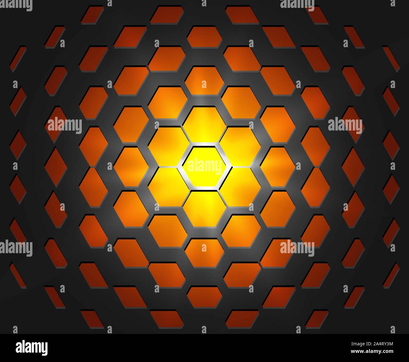 Abstrakte industrielle realistische Prägung Band sechseckige Textur, deprimiert 3d Hexagon schwarzer Hintergrund, geometrischen Rasters. Hot orange und gelb flare Stock Vektor