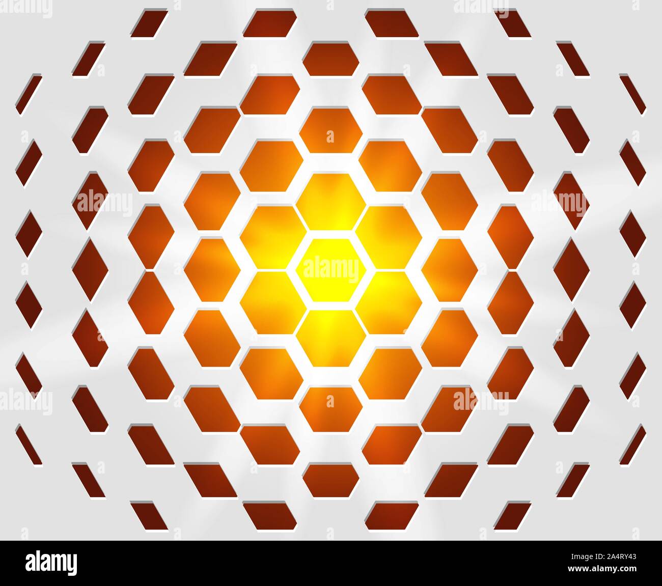 Abstrakte industrielle realistische Prägung Band sechseckige Textur, deprimiert 3d Hexagon weißer Hintergrund, geometrischen Rasters. Hot orange und gelb flare Stock Vektor