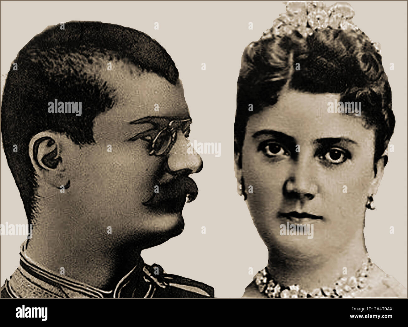 Porträts von König Alexander I (1876-1903) Aleksandar Obrenović von Serbien und seine Königin Draginja "raga" obrenović (1866-1903), die beide durch Königlichen serbischen Offiziere in der Armee, unter der Leitung von Hauptmann Dragutin Dimitrijević Apis'' im Jahr 1903 ermordet wurden. Der Geburtsname des Königin war Draginja Milićević Lunjevica und wurde vorher Svetozar Mašin verheiratet. Stockfoto