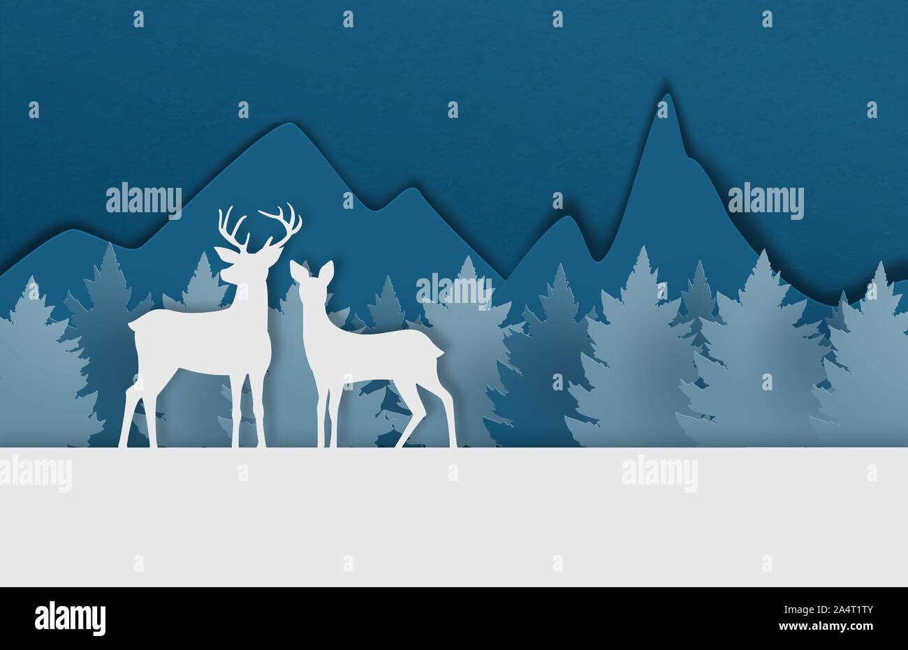 Digitale Handwerk gemacht Hirschpaar auf Schneefeld mit Kiefernwald und Berg im Papier schneiden Stil. Vector Illustration. Design für Poster, Banner, Hintergrund Stock Vektor
