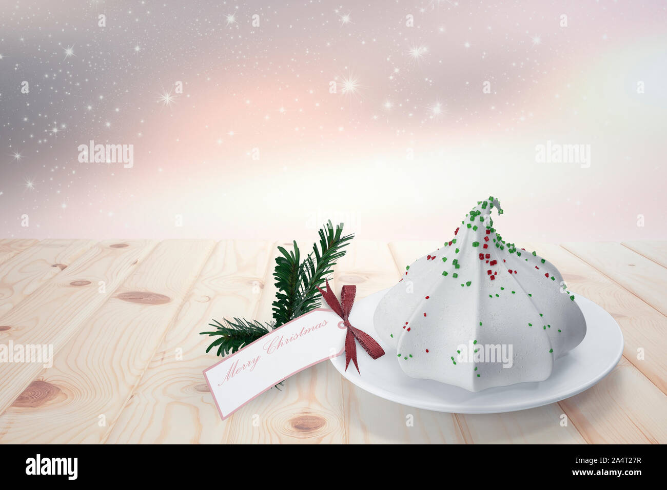 Weihnachtskarte mit einem Bild von einer Geburtstagstorte. 3D-Rendering. Stockfoto