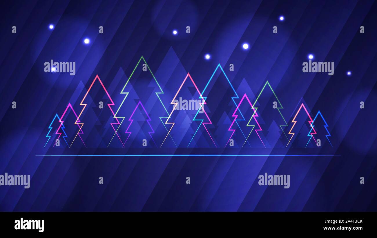 Frohe Weihnachten hellen Hintergrund. Vector Illustration der abstrakten leuchtende Neon farbigen Weihnachtsbäume auf blauem Hintergrund für Ihr Design Stock Vektor