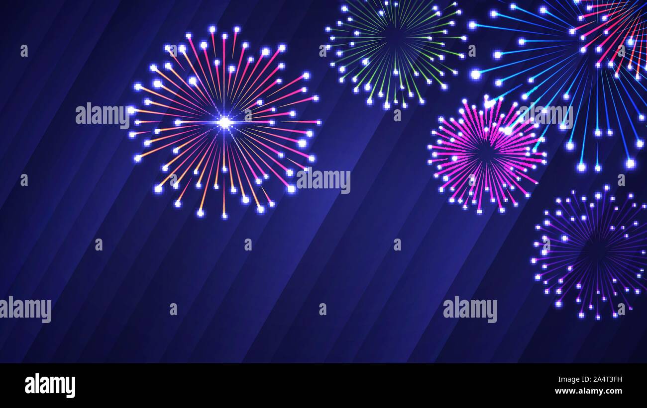 Frohes Neues Jahr festliche Feuerwerke hellen Hintergrund. Vector Illustration der abstrakten leuchtende Neon farbigen Feuerwerk über dem blauen Hintergrund für Ihr Design Stock Vektor