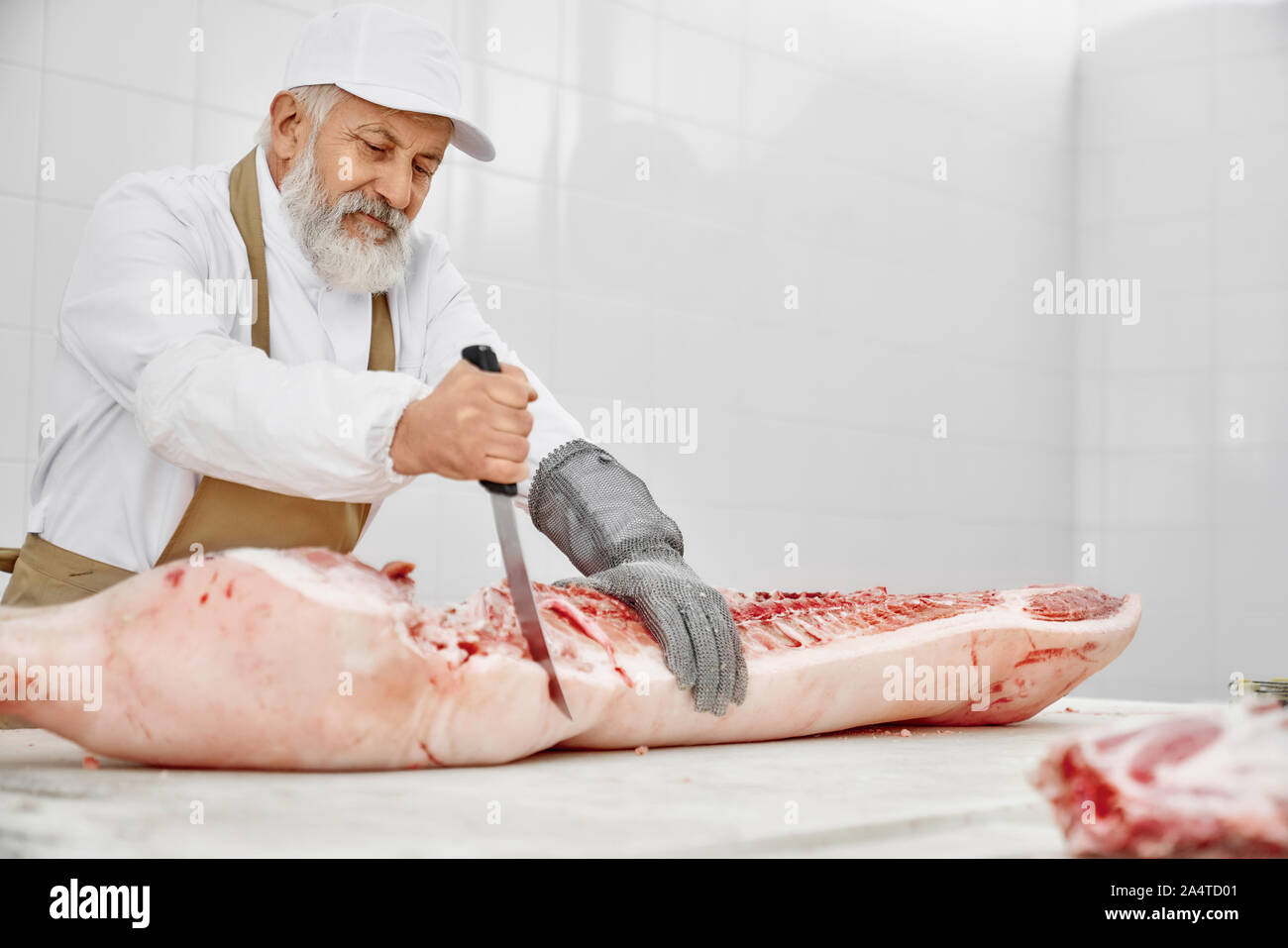Ältere Metzger schneiden Schweinefleisch Karkasse mit Messer auf den Tisch. Stattliche Arbeiter mit Bart in weißer Uniform, weiße Kappe, braun Schürze und spezielle Handschuhe arbeiten an Manufaktur mit rohem Fleisch. Stockfoto
