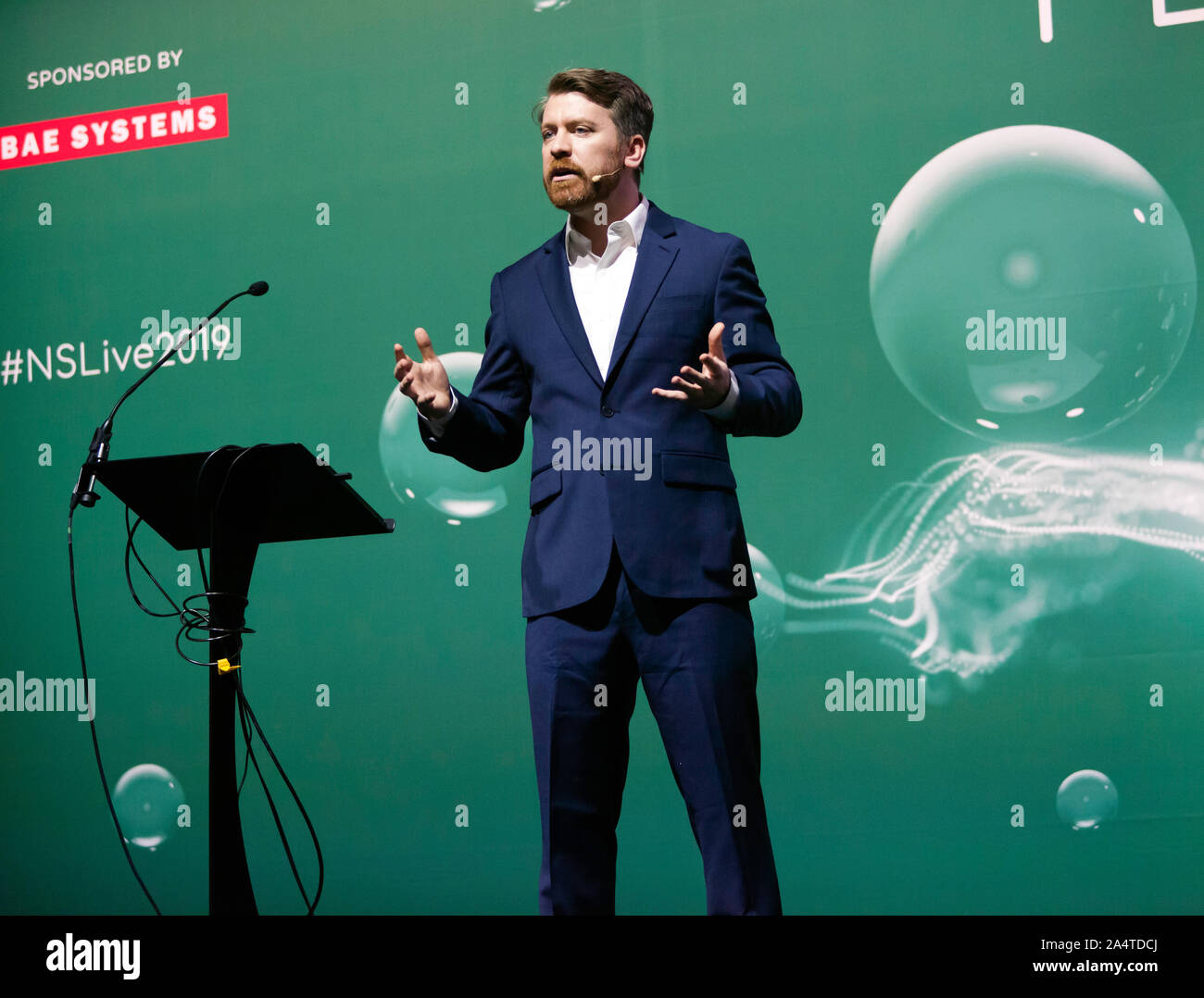 Matthew Williams, Systeme - Design Ingenieur und Gründer, IONATE Energie, die darüber sprechen, wie wir die Zukunft unserer Power Grid, auf der Technologie der Bühne, zu New Scientist Live 2019 Stockfoto