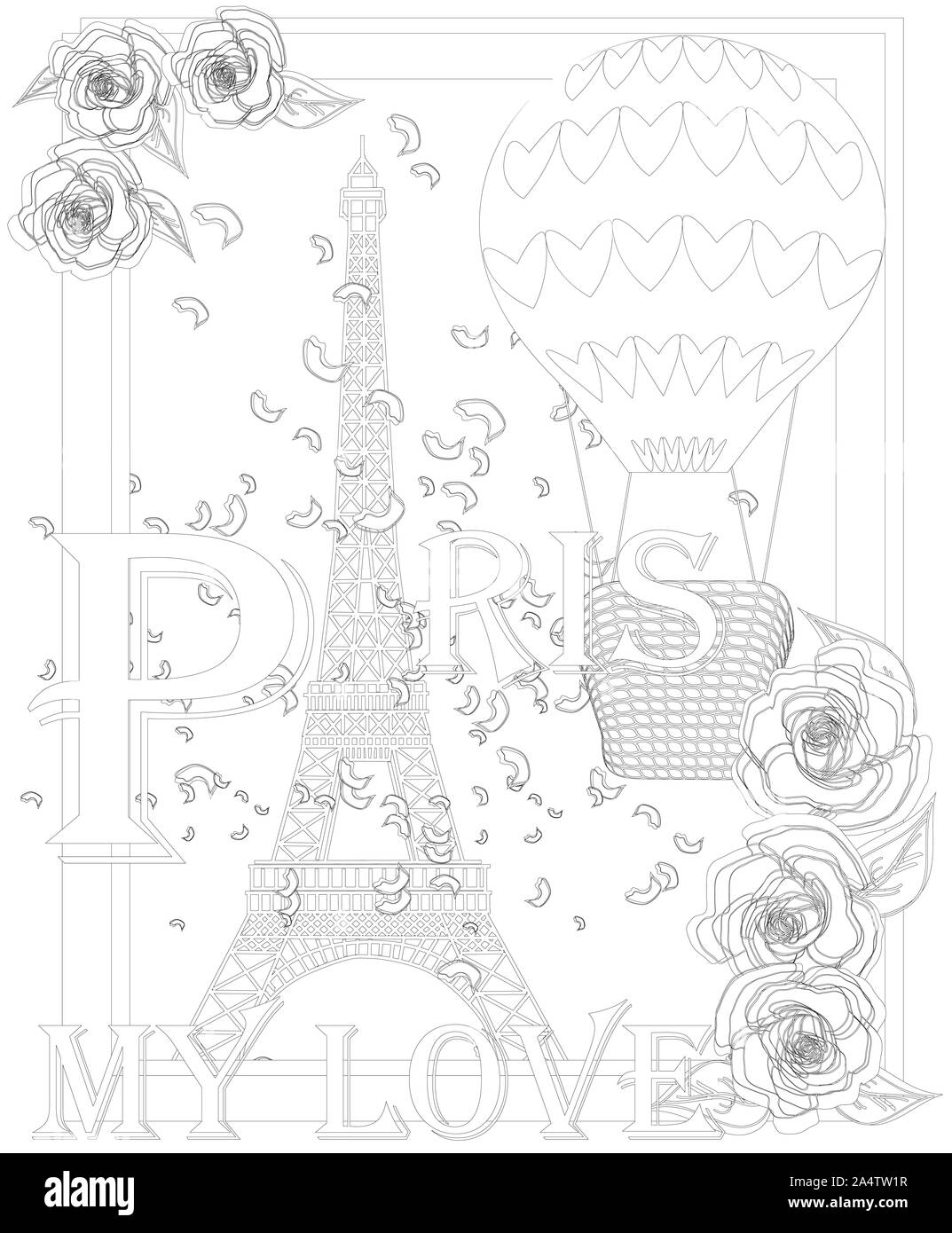 Zen Kunst stilisierte Eiffelturm und Heißluftballon. Skizze, Poster, Kinder oder Erwachsener Malvorlagen. Frankreich Sammlung. Boho style Stockfoto