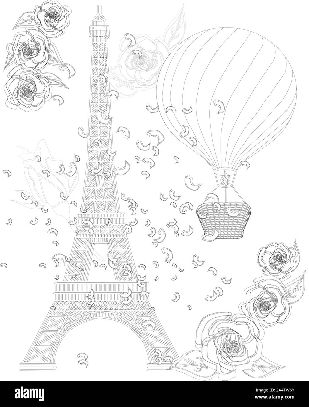 Zen Kunst stilisierte Eiffelturm und Heißluftballon. Skizze, Poster, Kinder oder Erwachsener Malvorlagen. Frankreich Sammlung. Boho style Stockfoto