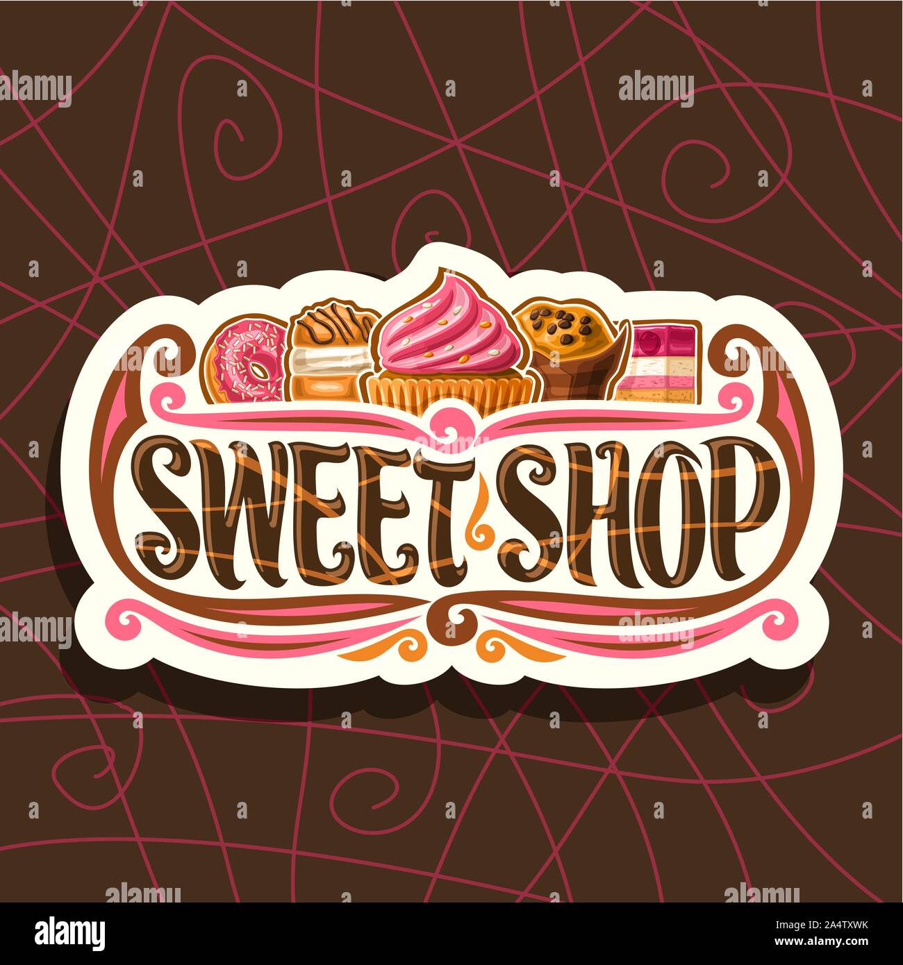 Vektor logo für Sweet Shop, Papier schneiden vintage Tafel für Feinschmecker Süßwaren, 5 rosa Brandteig Desserts mit Sahne, ursprünglichen Bürste Schrift fo Stock Vektor