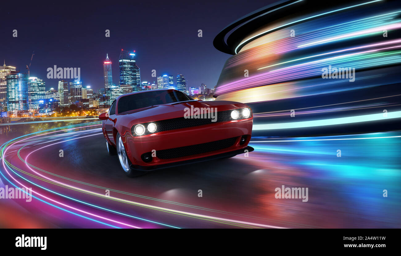 HIgh speed Generische roten Sportwagen fahren in der Stadt mit Neonlicht motion Effekt angewendet werden. Automobil futuristische Technologie Konzept. 3D-Rendering Stockfoto