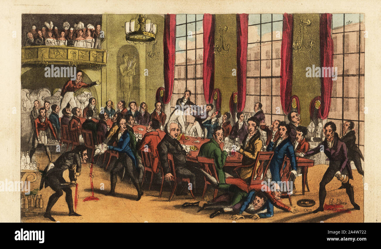 Regency dandies Trinken nach dem Abendessen an der Krone und Anker Taverne, The Strand, London. Betrunkene kämpfen und Vorträge, Kellner fallen und Wein. Politische Abendessen: Tom & Bob eine Lektion über die Verfassung und ihre eigenen nicht vernachlässigen. Papierkörbe Kupferstich nach einer Illustration von Henry Alken aus dem echten Leben in London, oder die weiteren Wanderungen und Abenteuer von Bob Tallyho, Esq. und sein Cousin Hon. Tom Dashall, durch die Metropole, Jones, London 1821. Anonyme Imitation von Pierce Egan Leben in London. Stockfoto