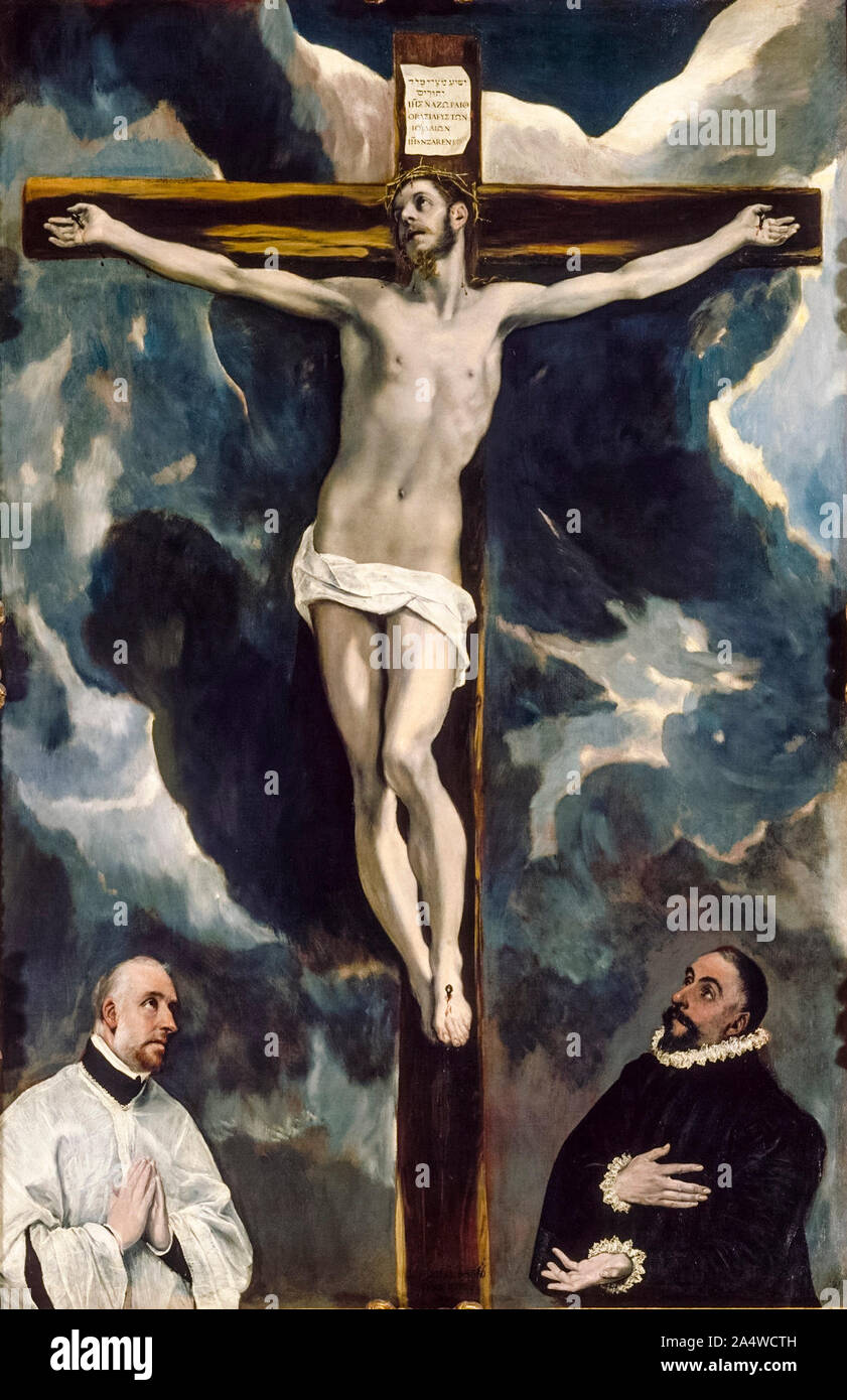 El Greco, Christus am Kreuz durch zwei Spender, Malerei, 1575-1600 Angebetet Stockfoto
