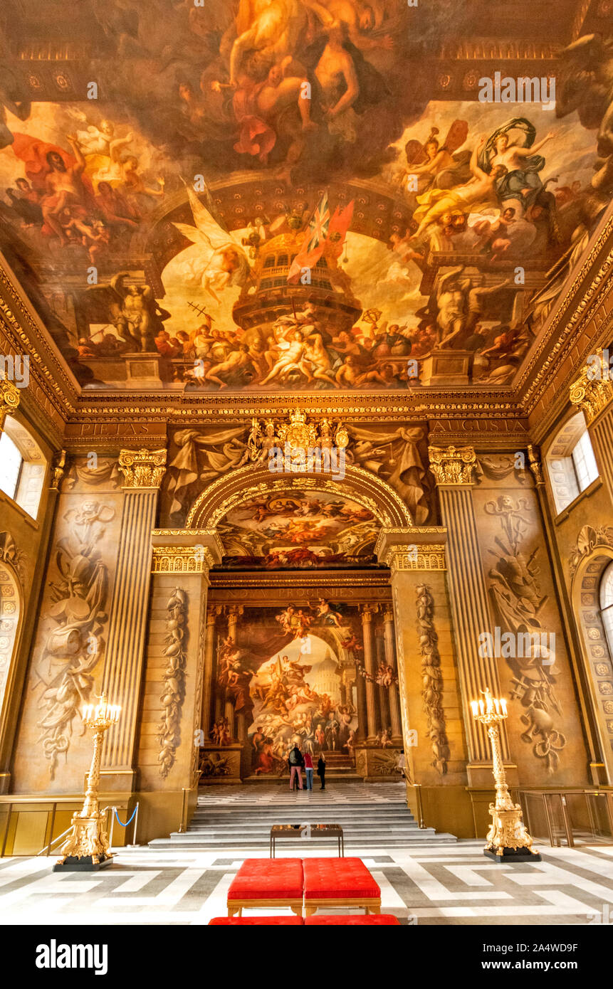 LONDON GREENWICH Old Royal Naval College lackierte HALL UND MEISTERWERK DES MALERS JAMES THORNHILL Stockfoto