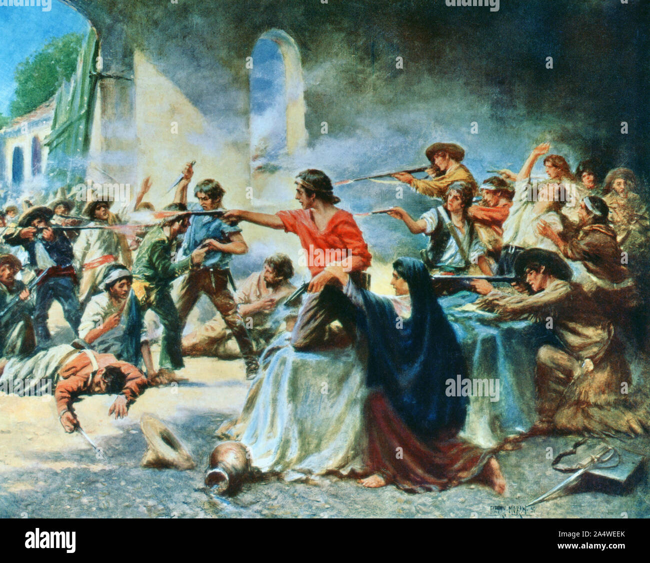 Die Schlacht von Alamo, während der texanischen Revolution. Nach einer Arbeit von E.Percy Moran. Stockfoto