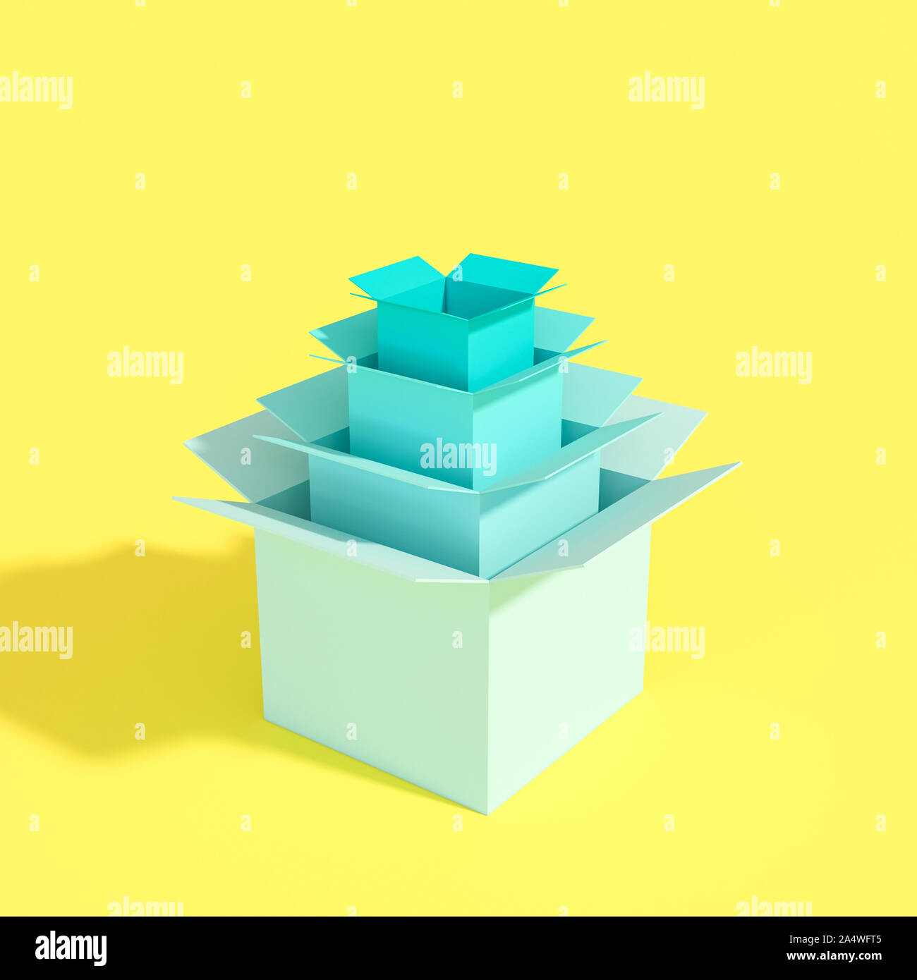 Serie von Boxen in verschiedenen Größen, die Kleinsten in die größte. Konzept von verschiedenen Idee und Vision. 3D-Rendering Stockfoto