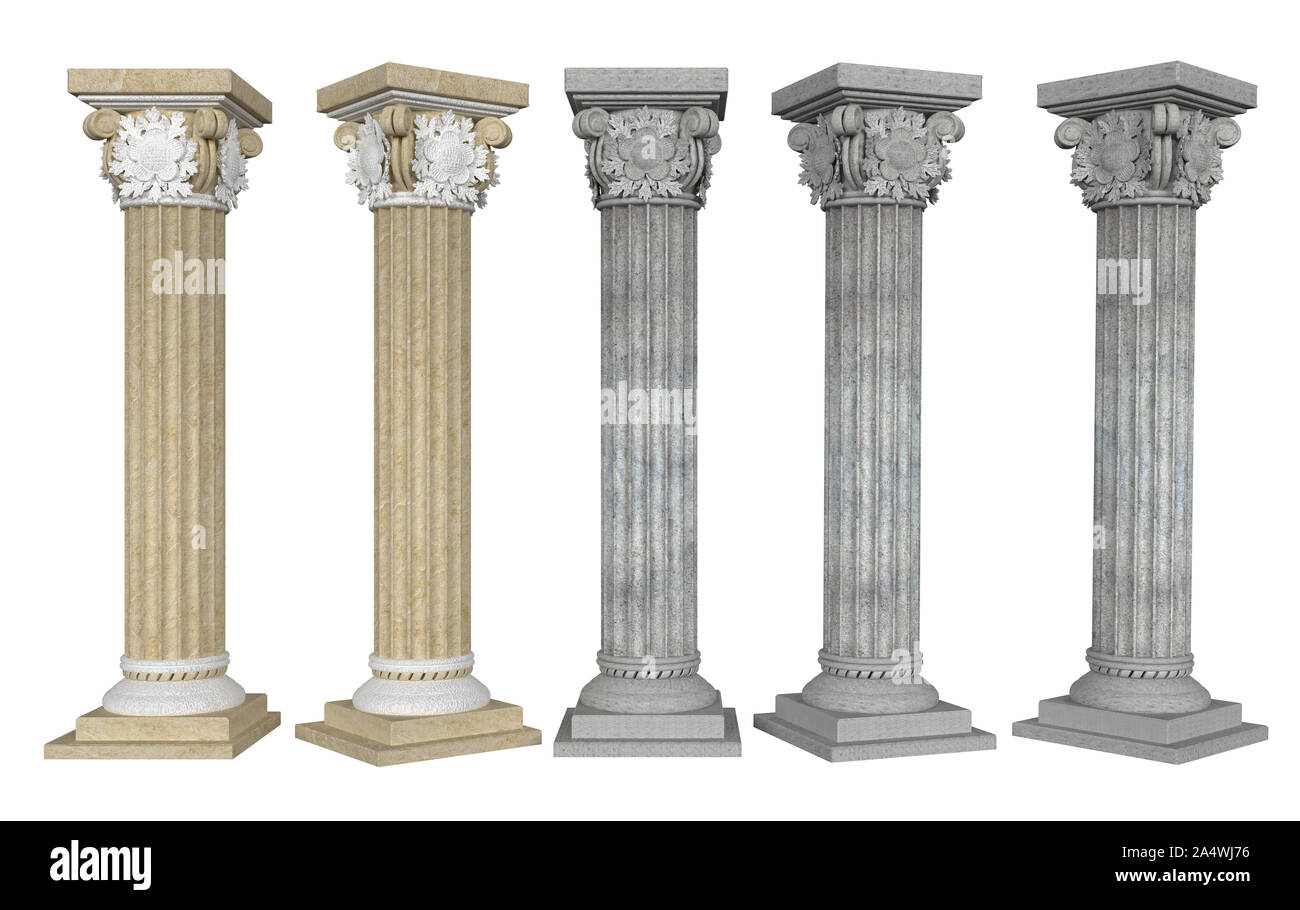 Spalten mit Kapital aus unterschiedlichen Blickwinkeln auf weißem Hintergrund. 3D-Rendering. 3D-Darstellung Stockfoto
